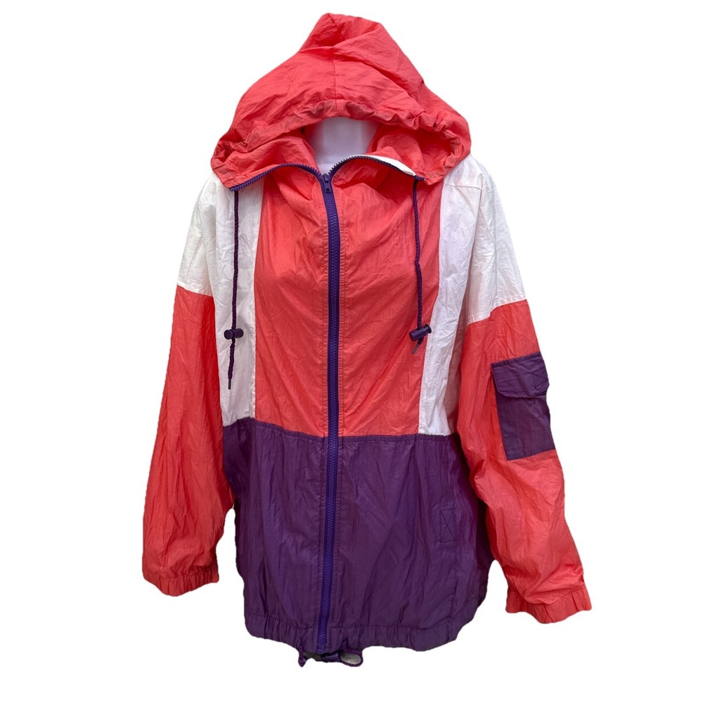 VTG Stefano World‎ Wide Windbreaker Coat Jacket Sz 2X full Zip Hooded Colorblock